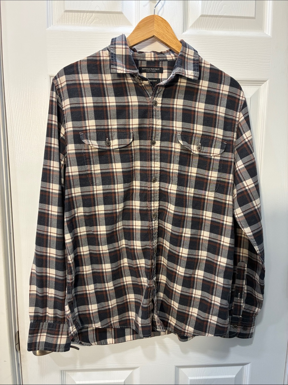 Banana Republic Men's Plaid Button-Down Shirt - Black, Cream & Brown